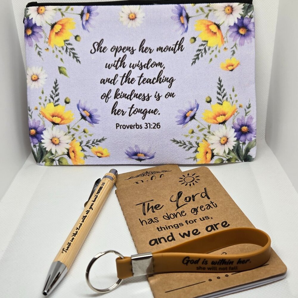 NEW INSPIRATIONAL FAITH CANVAS POUCH, NOTEPAD, PEN, BOOKMARK & KEYCHAIN GIFT SET